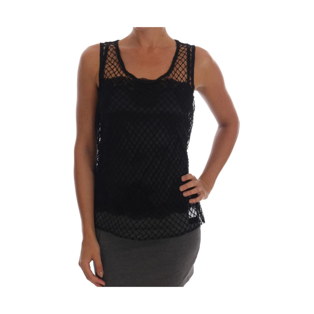 Dolce & Gabbana Women's Black Sleeveless Tops, M, Silk Mesh Floral Lace Top