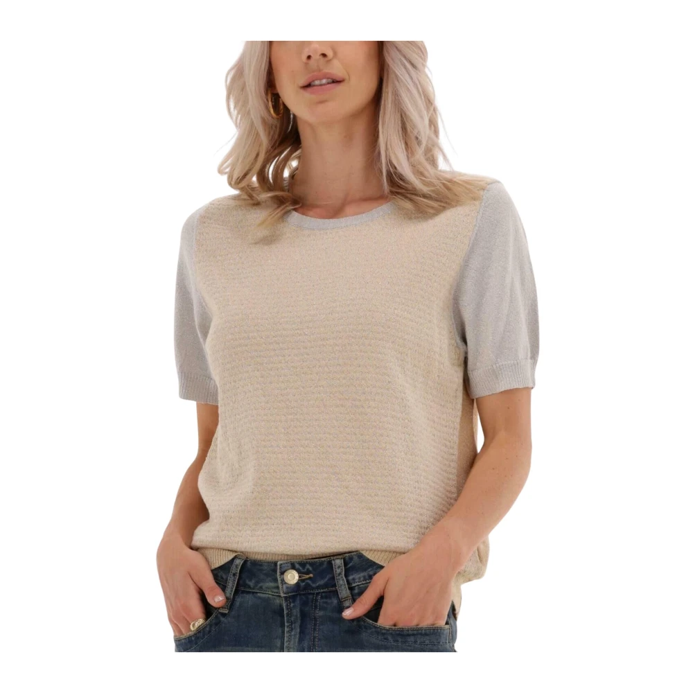 Summum Woman Korte Mouw Glanzende Jacquard Sweater Beige Dames