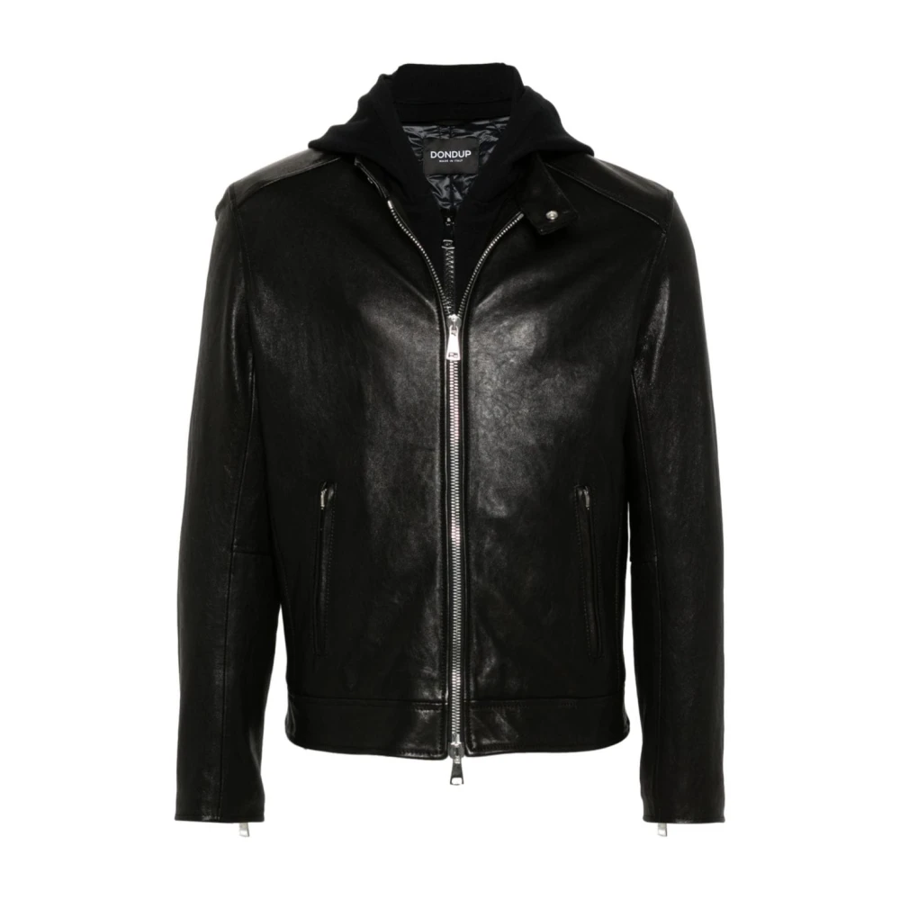 Dondup Zwarte Leren Hoodie Jas Gehamerd Textuur Black Heren