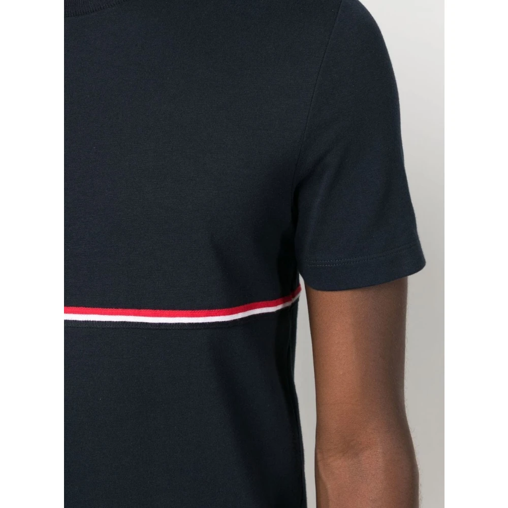 Thom Browne Blauw Jersey Katoenen T-shirt met Tricolor Borduursel en Logo Label Blue Heren