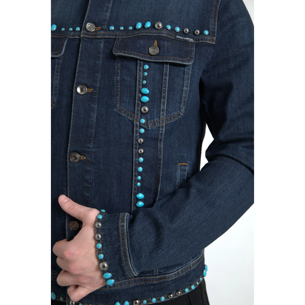 Dolce & Gabbana Turquoise Denim Jack met Versieringen Blue Heren