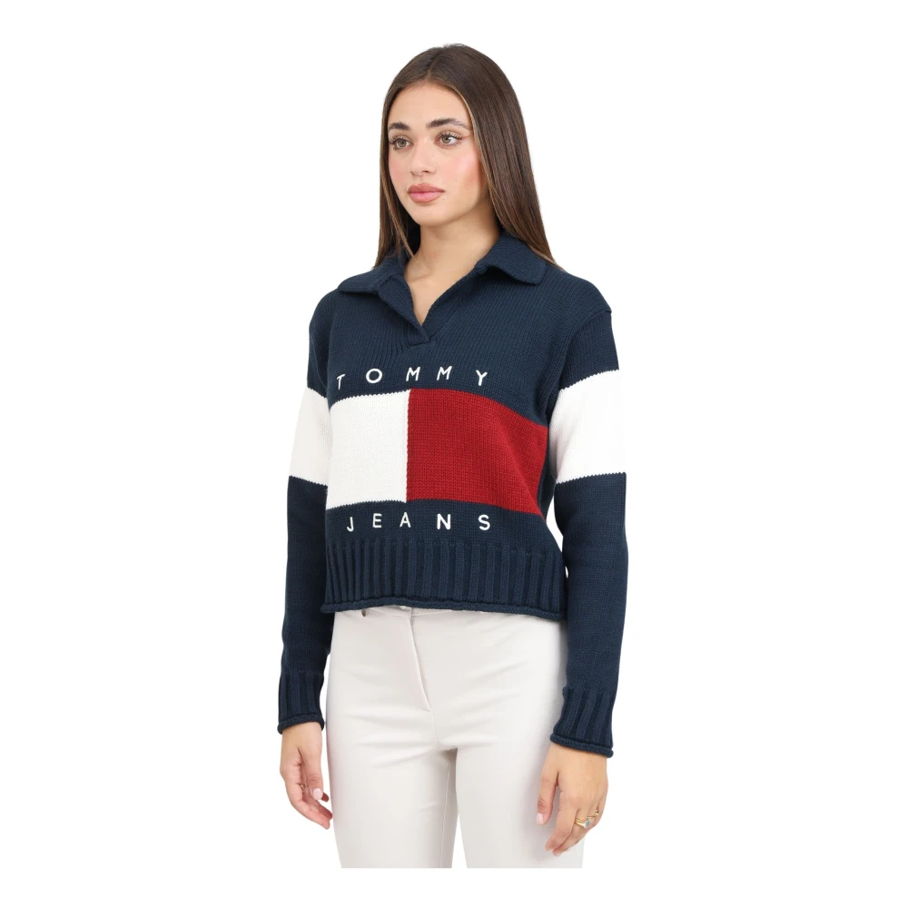 Tommy Jeans Blauwe V-hals trui met rugby kraag Blue Dames