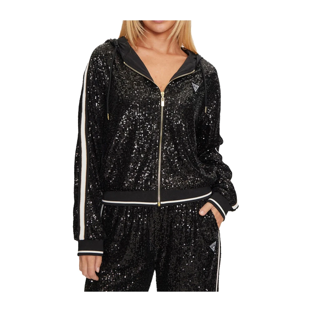 Guess Zwart Paillet Rits Hoodie Stijlvolle Elegantie Black Dames