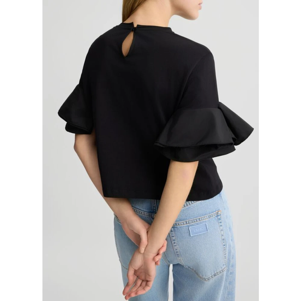 Liu Jo Zwarte katoenen T-shirt met taffeta ruches Black Dames