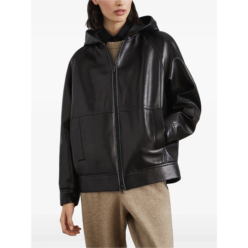 BRUNELLO CUCINELLI Zwarte leren capuchonjas Black Dames