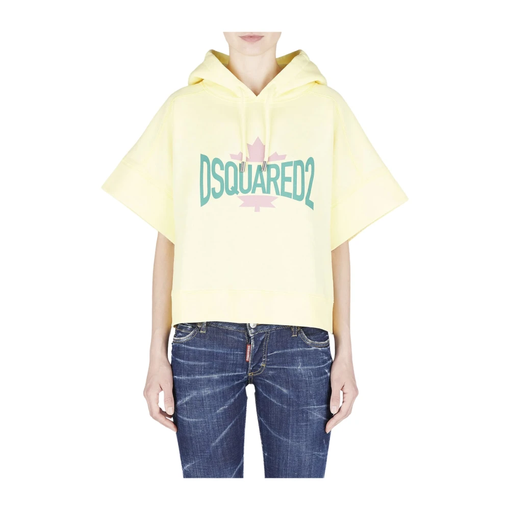 Dsquared2 Yellow Cotton Hoodie With Short Sleeves And Green Logo - Female - Hoodies - 2XS - Sweatshirts & Hoodies
