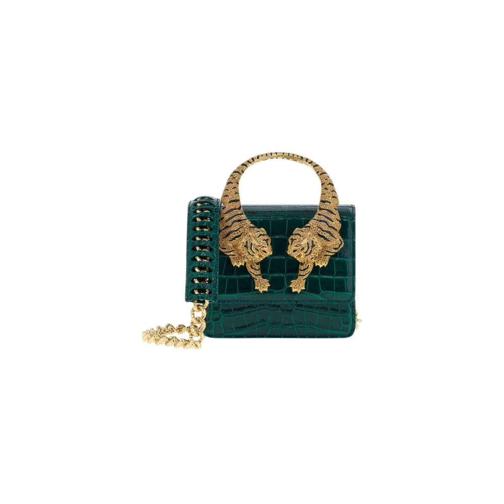 Roberto Cavalli Green Handbags, Female, One Size, Crocodile Scale Hobo Bag With Tiger Heads