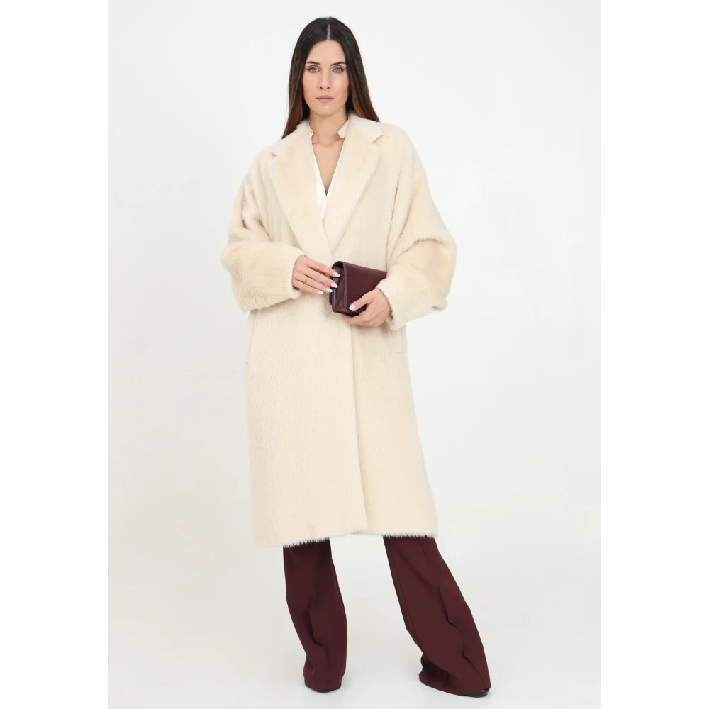Max Mara Zachte Alpaca Midi Jas met Jacquard Voering Beige Dames