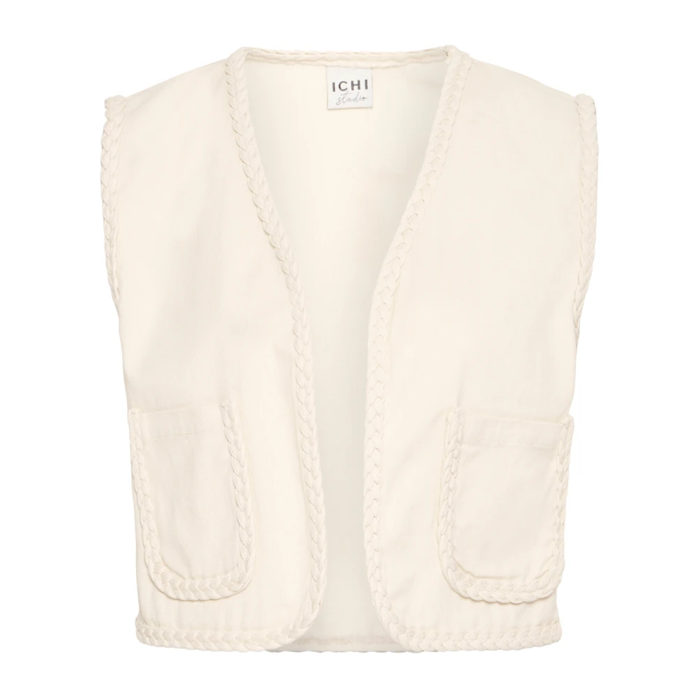 Ichi Open Vest met Korte Lengte en Zakken Beige Dames