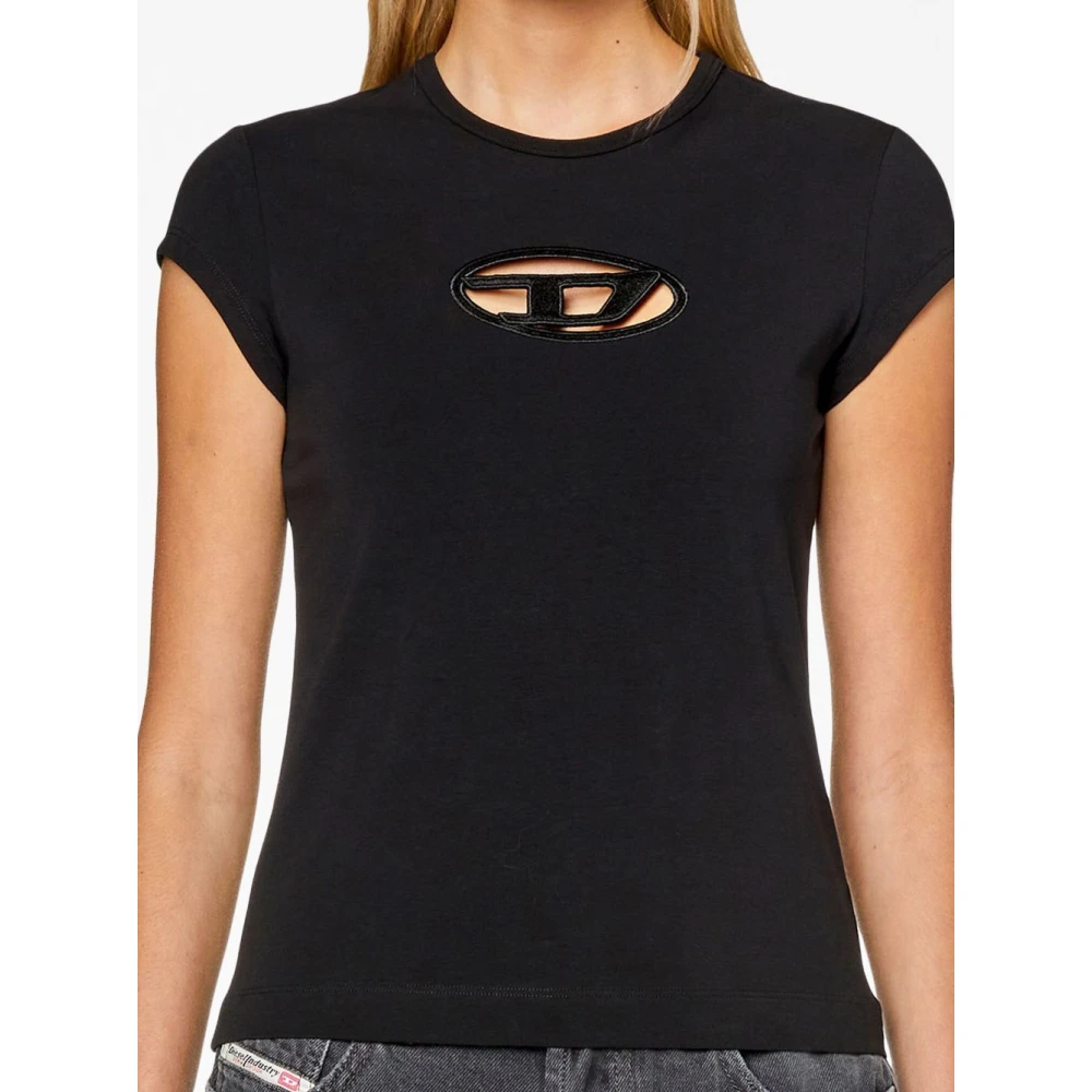 Diesel T-shirt met uitsnijding en logopatch Black Dames
