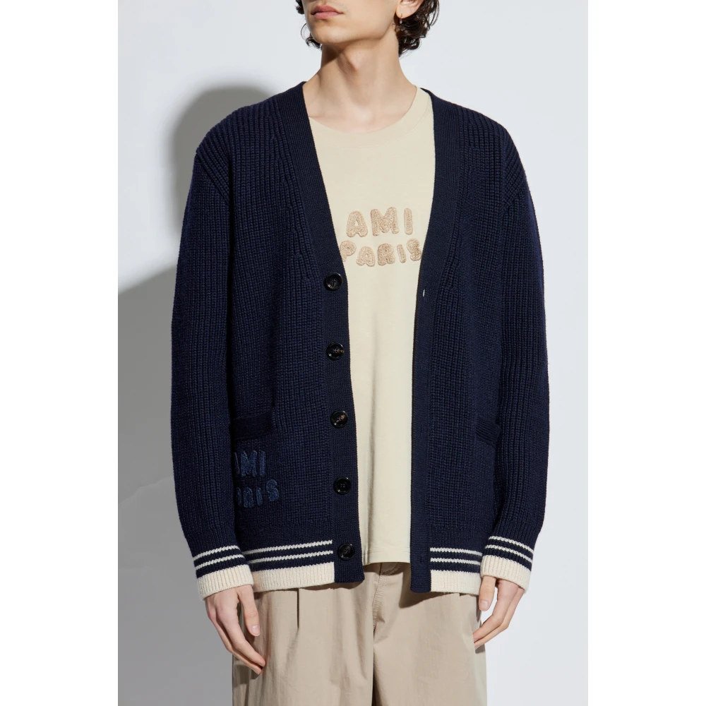 Ami Paris Wol wollen cardigan met logo Blue Heren