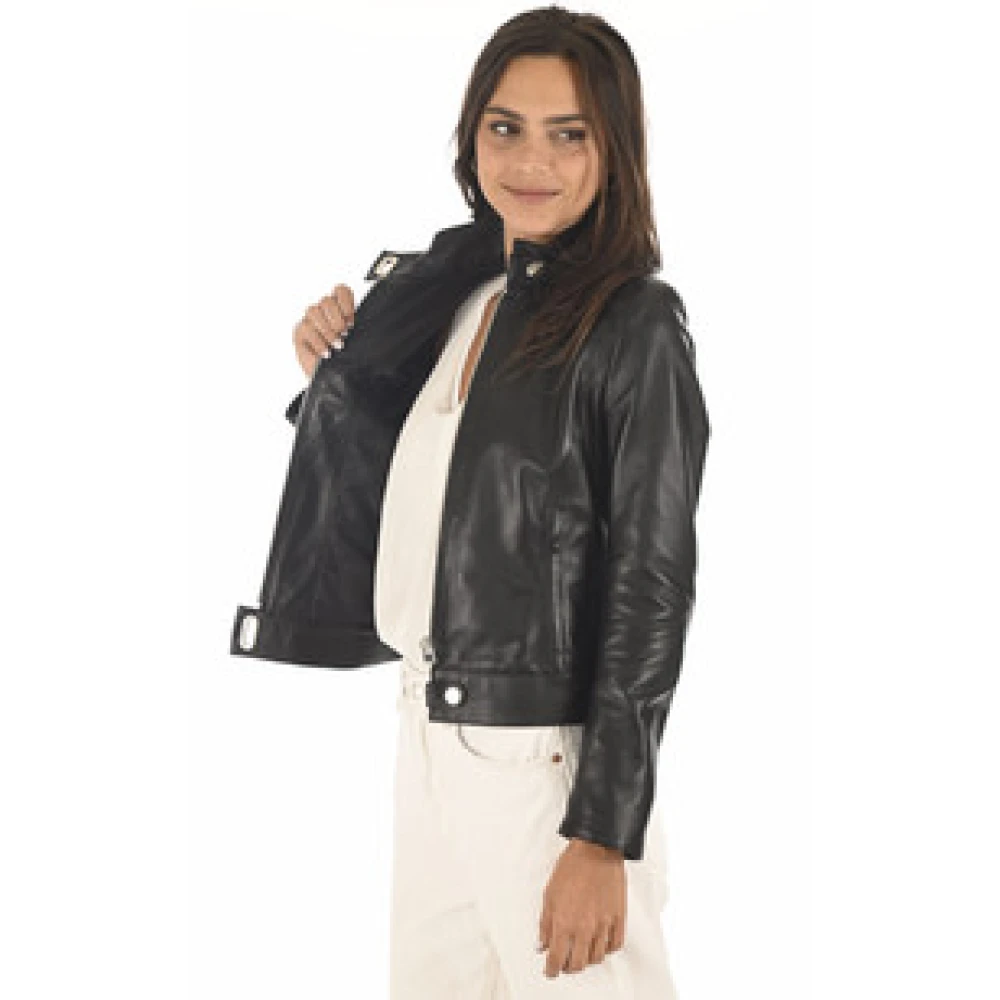 La Canadienne Chique Zwart Lam Leren Jas Black Dames