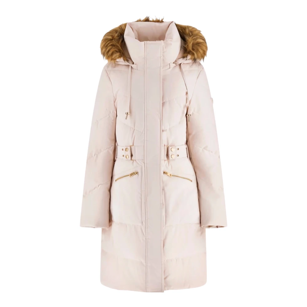 Guess Women's White Belted Puffer Coat With Faux Fur - Parkas - 2XL - Coats