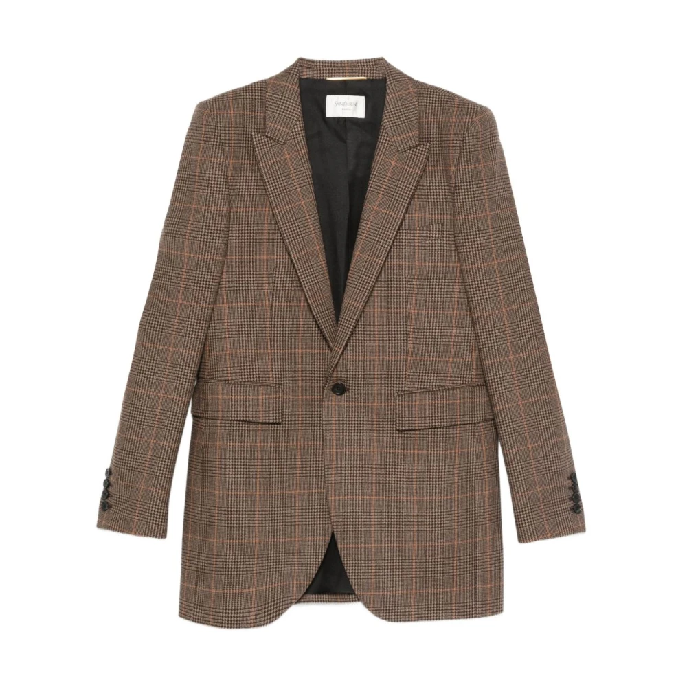 Saint Laurent Women's Beige Checked Jacket Button Closure