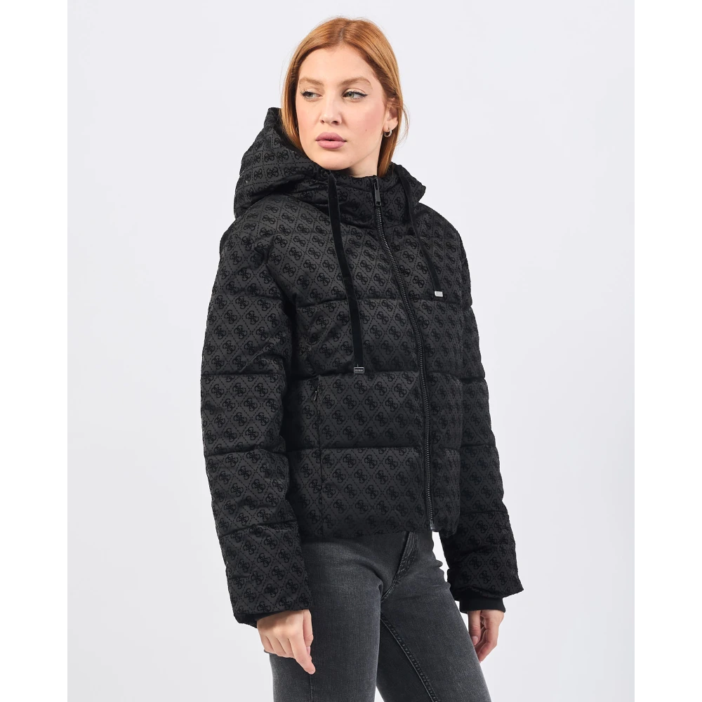 Guess Zwarte gewatteerde jas met fluwelen logo Black Dames