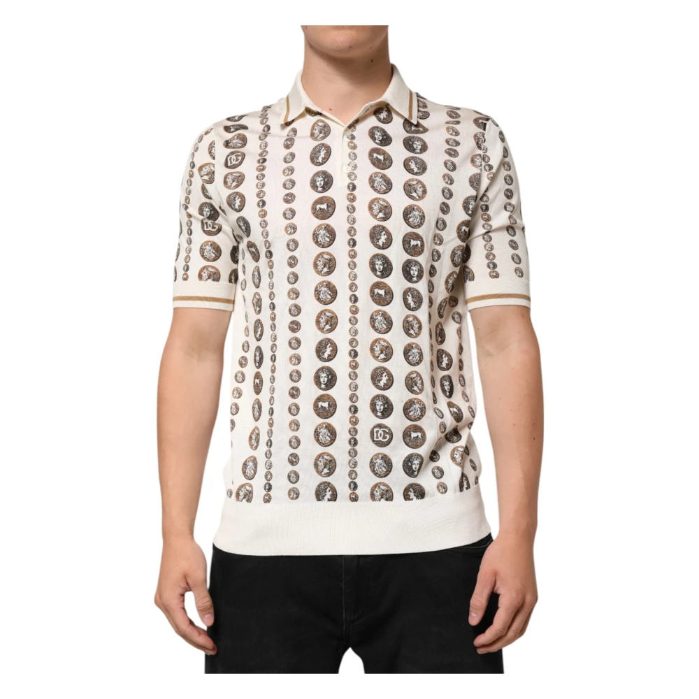 Dolce & Gabbana , Polo Shirts, Male, White, S, Coin Print Silk Polo T-Shirt