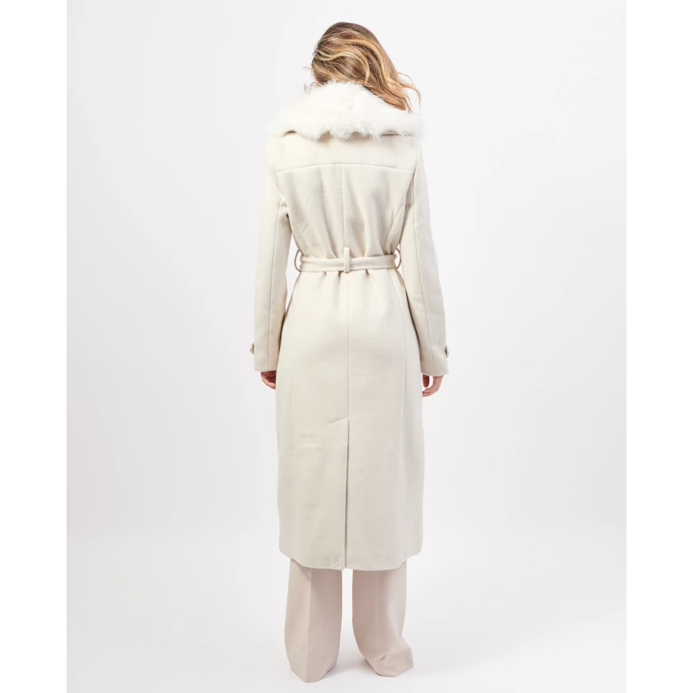 Fracomina Lange Reguliere Double-Breasted Jas met Riem Beige Dames