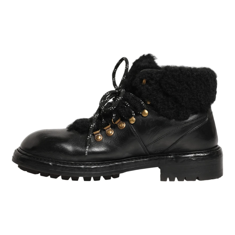 Dolce & Gabbana Black Split-Grain Leather Trekking Boots With Shearling - Female - Winter Boots - 9 Uk - Shoes