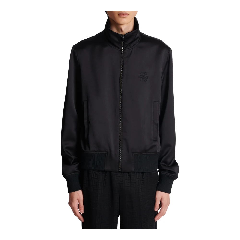 Balmain Satin Bomber met PB Logo en Handtekening Black Heren