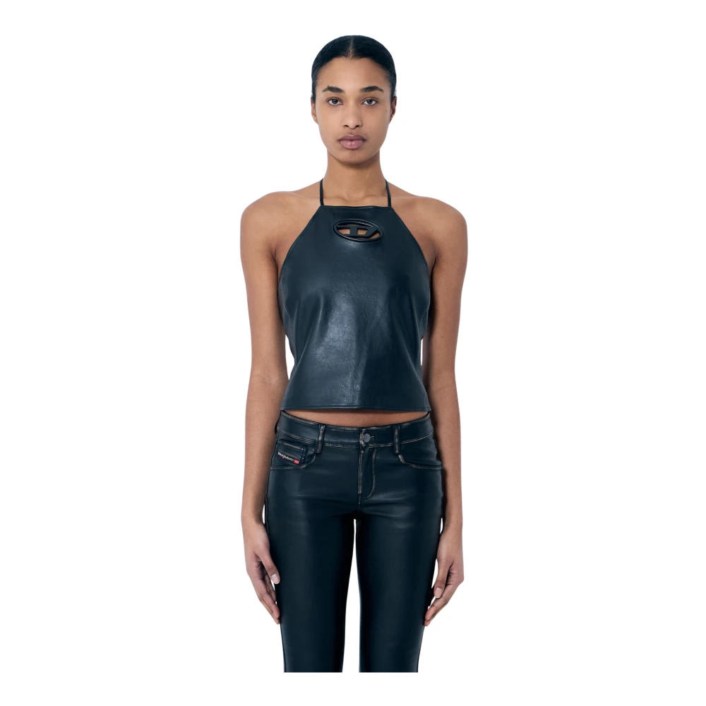 Diesel Leren Halternek Top met Logo Plaque Black Dames