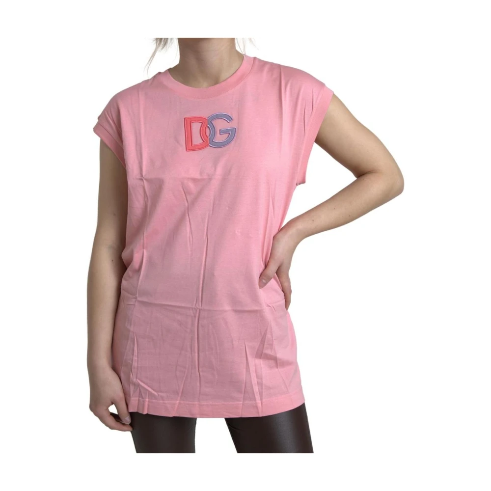 Dolce & Gabbana , Sleeveless Tops, Female, Pink, 2XS, Pink Cotton Tank Top With Logo