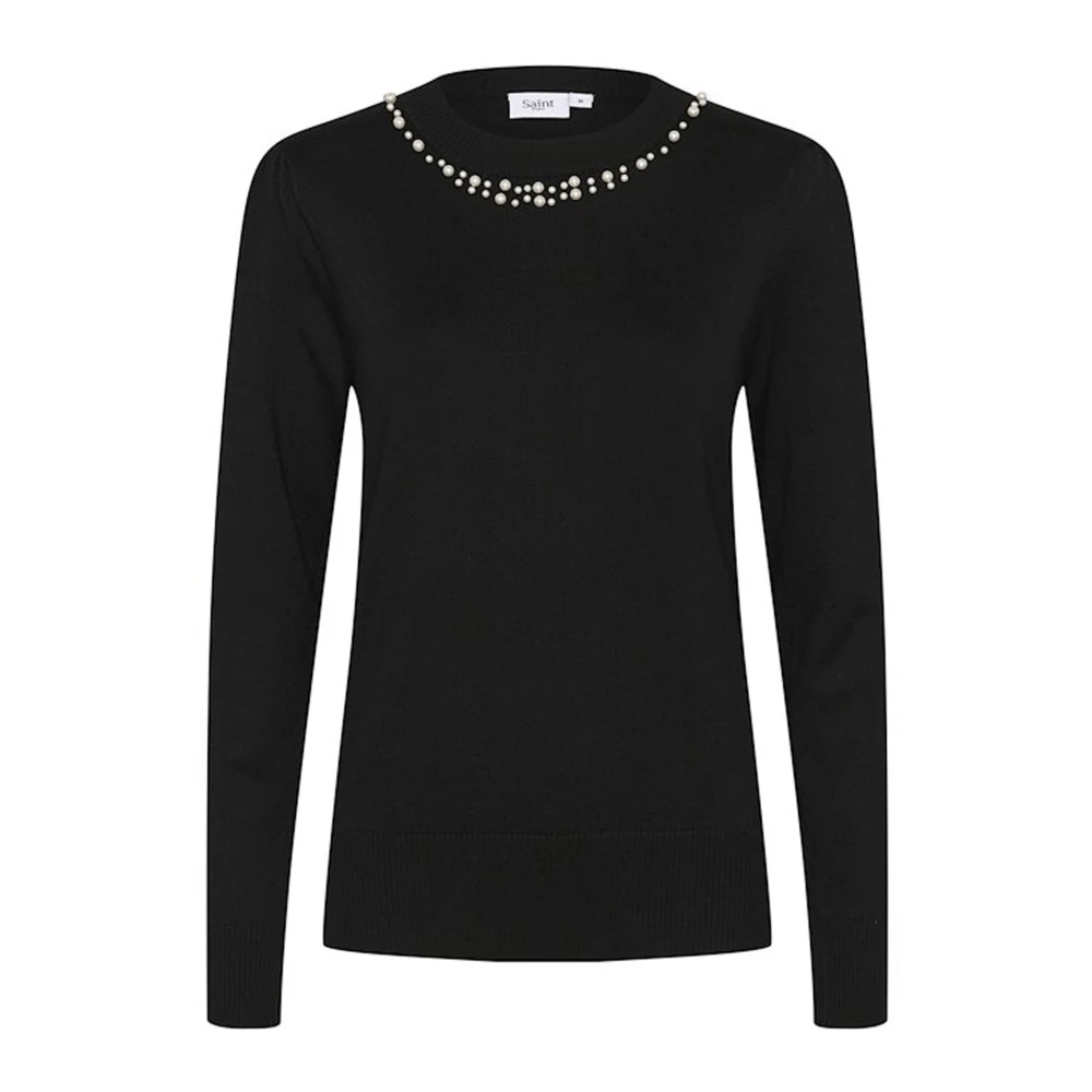 Saint Tropez Svart Stickad Pullover med Pärla Rund Hals Black, Dam