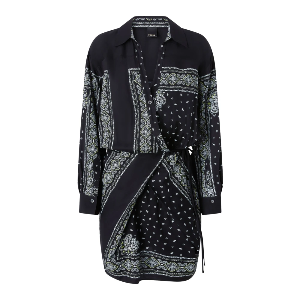 Pinko Women's Black Short Dresses, L, Paisley Bandana Print Shirt Dress