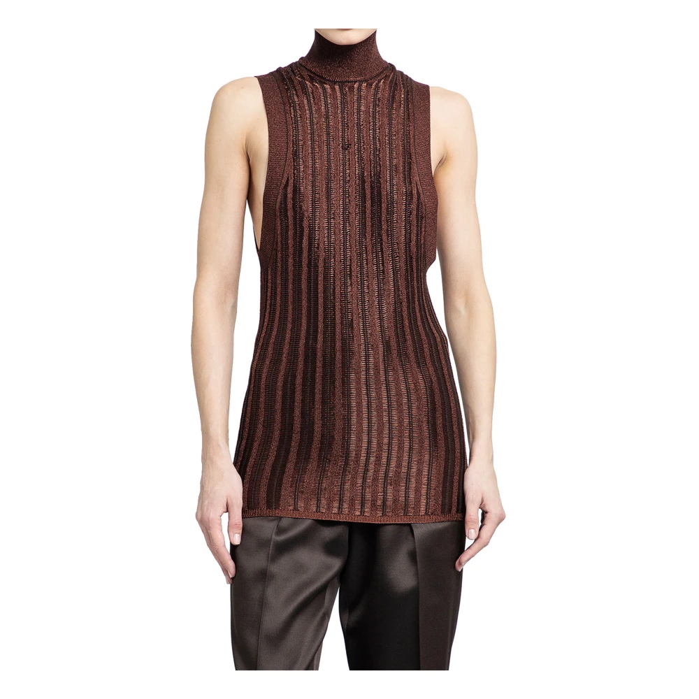 Tom Ford Metallic Ribbed Turtleneck Sleeveless Mini Jurk Brown Dames