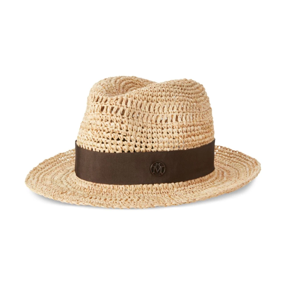 Maison Michel Beige Fedora Sjaal met Bruin Lint Beige Dames