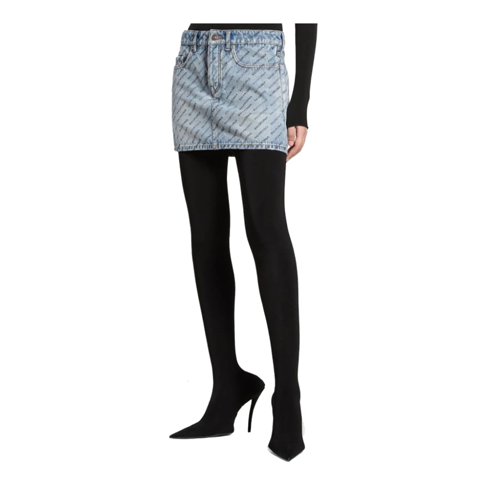 Balenciaga Logo Print Denim Rok Blauw Blue Dames