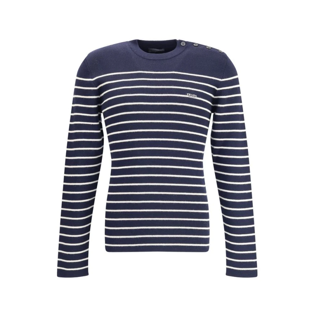 Prada Striped Jumper With Jacquard Detail - Male - Round-Neck Knitwear - Blue - Xl - Knitwear