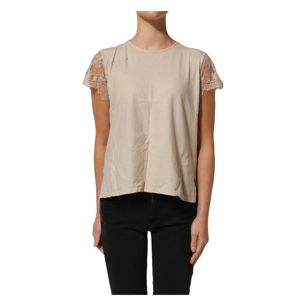 PINK MEMORIES Beige Cotton Lace Detailing Round Neck Top - IT40|S - Image 2