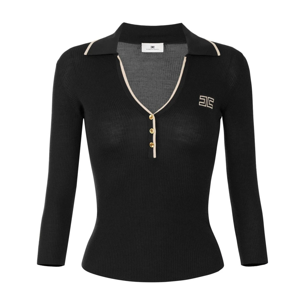 Elisabetta Franchi Ribbed Knit Polo Shirt - Female - V-Neck Knitwear - Black - S - Knitwear