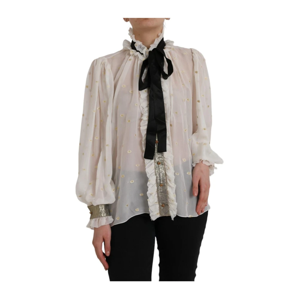 Dolce & Gabbana Women's Beige Shirts, M, Silk Ascot Collar Blouse Top