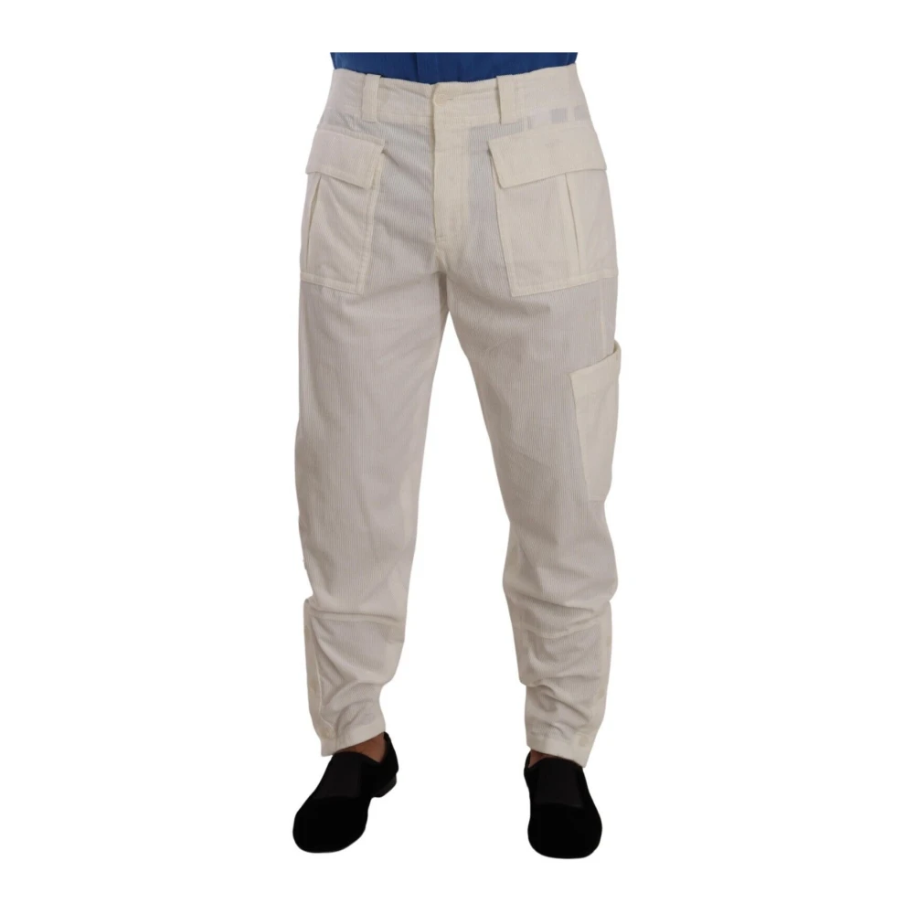 Dolce & Gabbana Men's White Slim-Fit Trousers, M, Cotton Corduroy Cargo Trousers