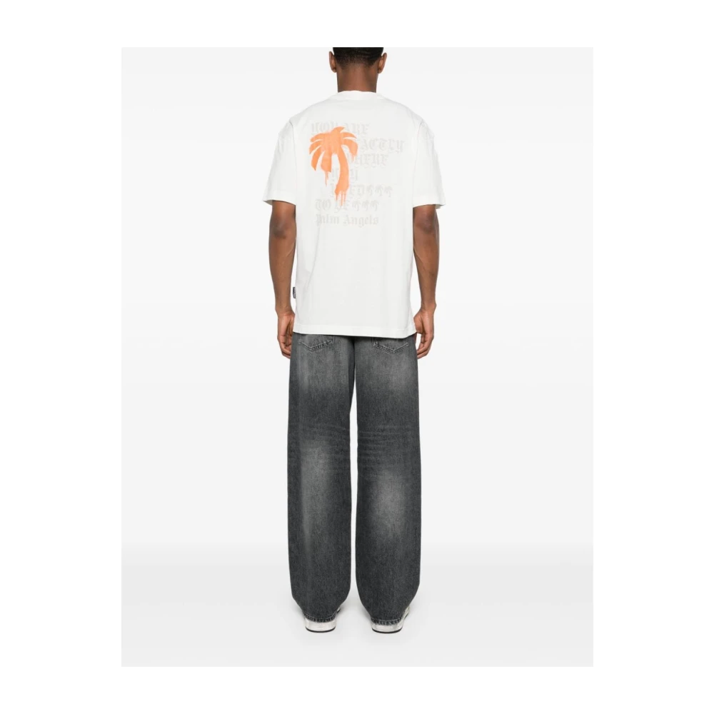Palm Angels Monogram Crew-neck T-shirt met Orange Palm Tree Print Beige Heren