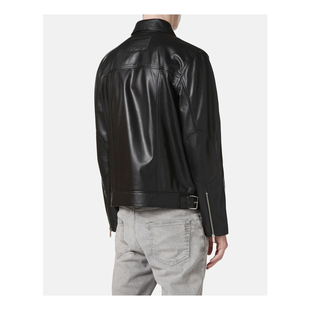 Iceberg Zwarte nappa leren motorjack met logo Black Heren