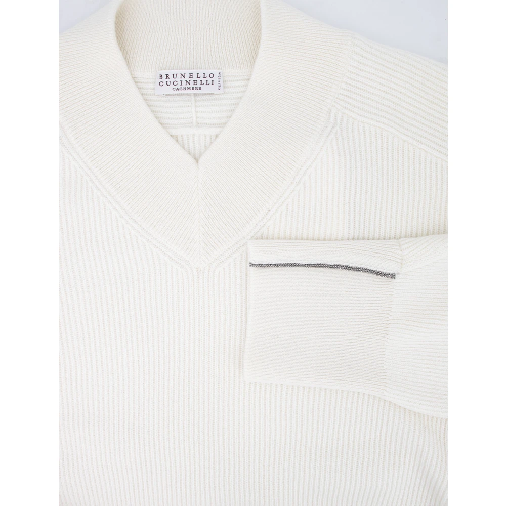 BRUNELLO CUCINELLI V-Hals Ribtrui White Dames