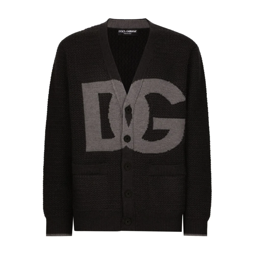 Dolce & Gabbana Zwarte Logo Intarsia-Gebr. Trui V-Hals Black Heren