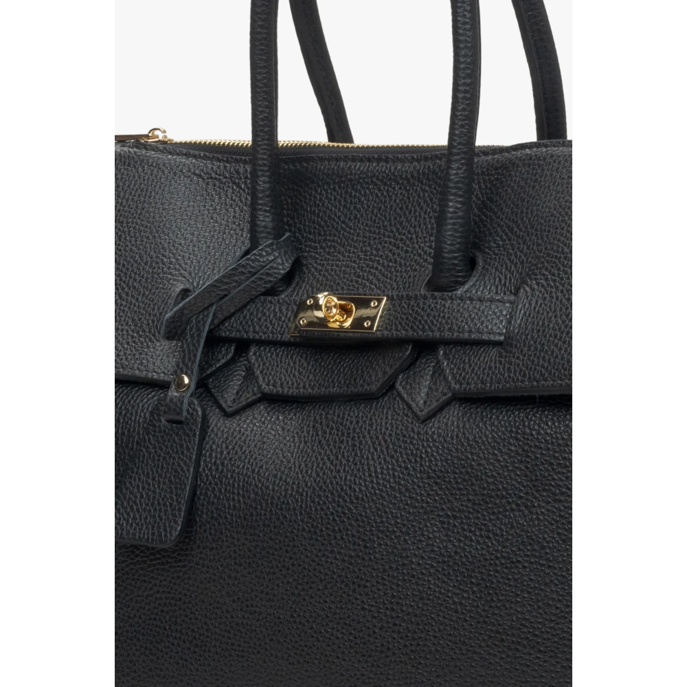 Estro Zwarte Leren Satchel Handtas Luxe Stijl Black Dames
