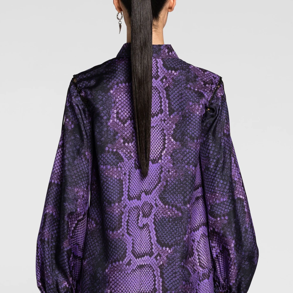 Roberto Cavalli Python-Print Lace-Up Zijden Shirt Purple Dames