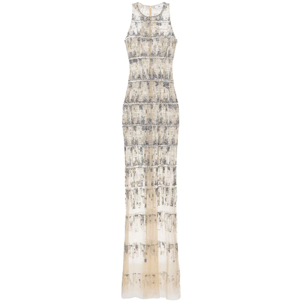 Elisabetta Franchi Pixel-Patroon Pailletten Tule Jurk Beige Dames