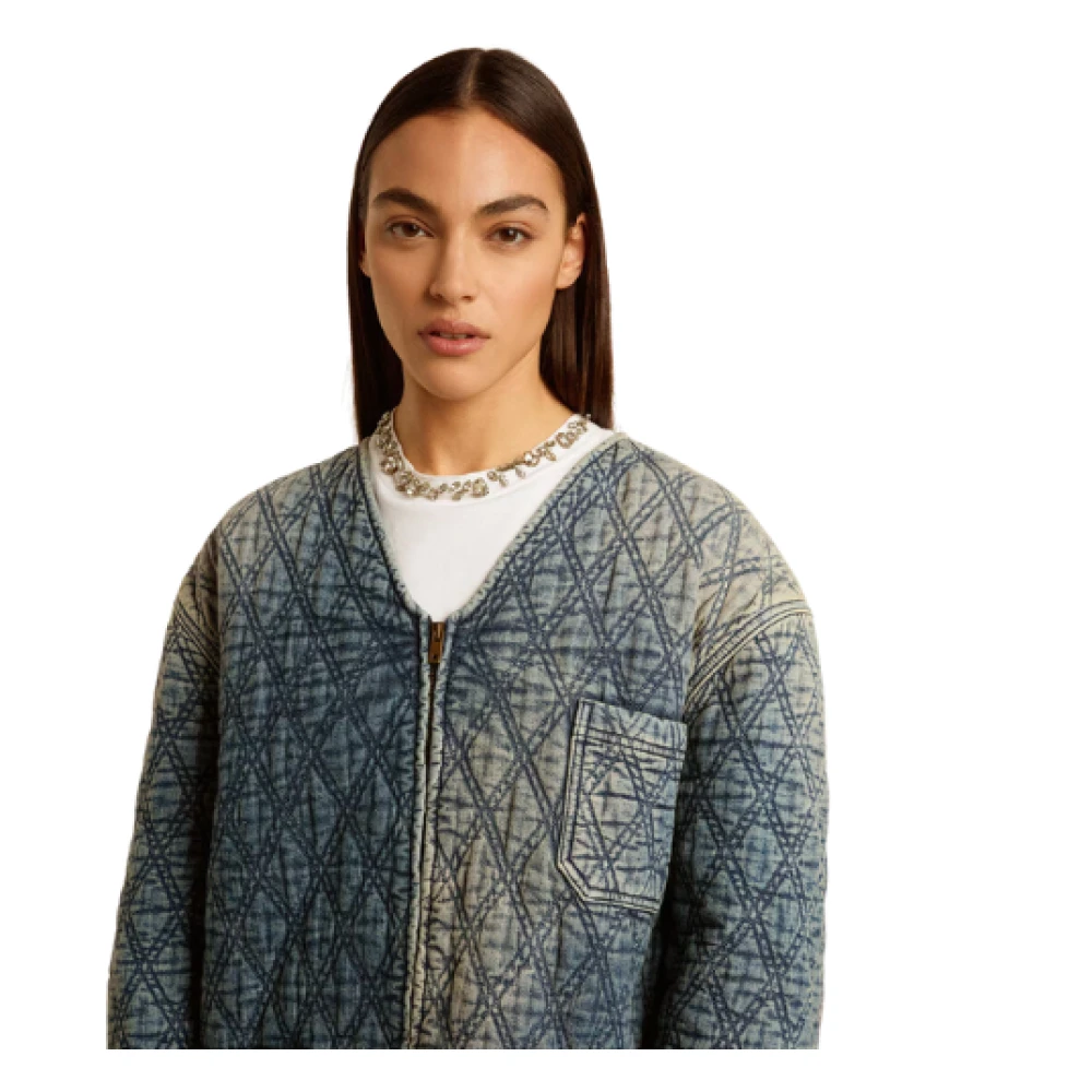 Golden Goose Stonewashed denim gewatteerde jas distressed stijl Blue Dames