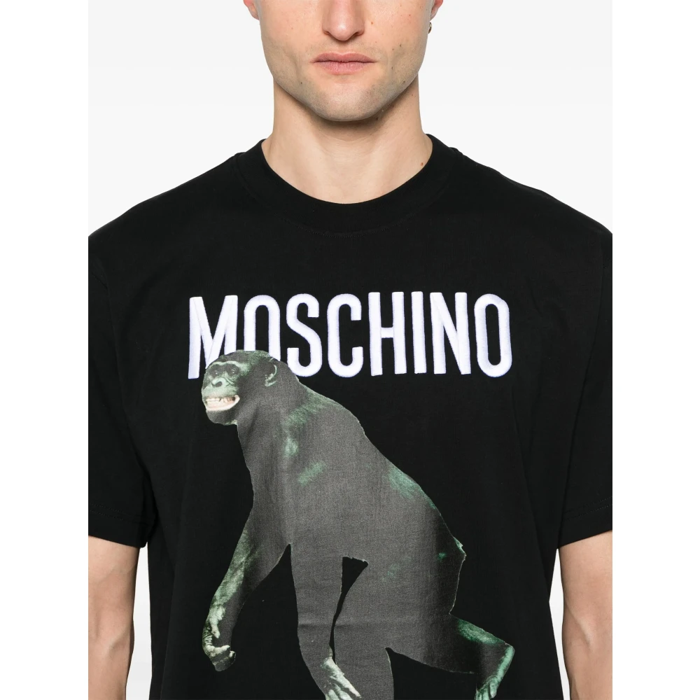 Moschino Zwarte Crew Neck T-shirt met Monkey Print Black Heren