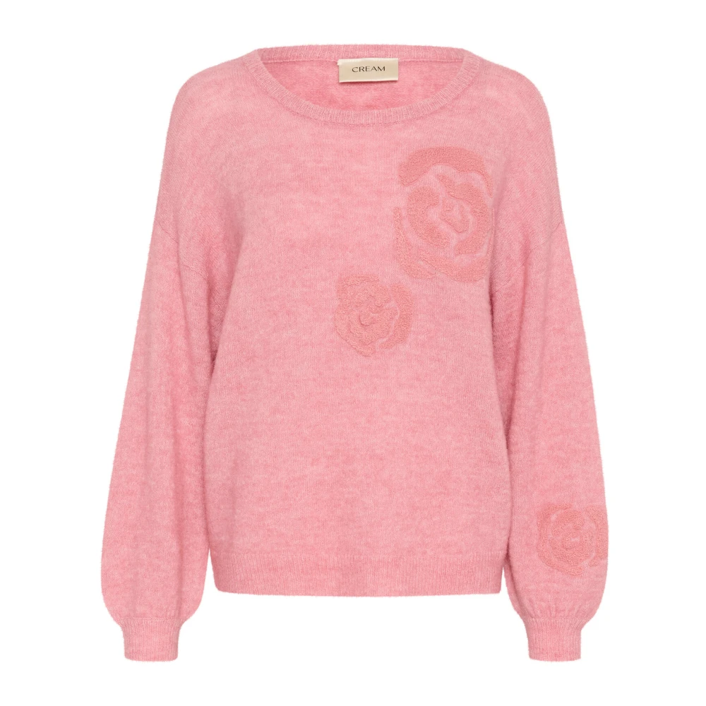 Cream Blauwe Gebreide Trui met Rozenmotieven Pink Dames