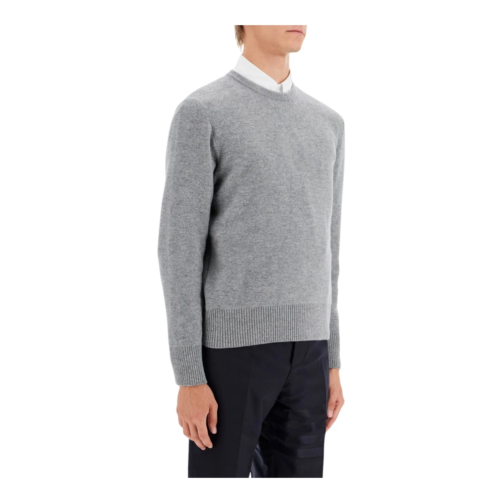 Thom Browne Wollen Piqué Crewneck Pullover met Tricolor Band Gray Heren