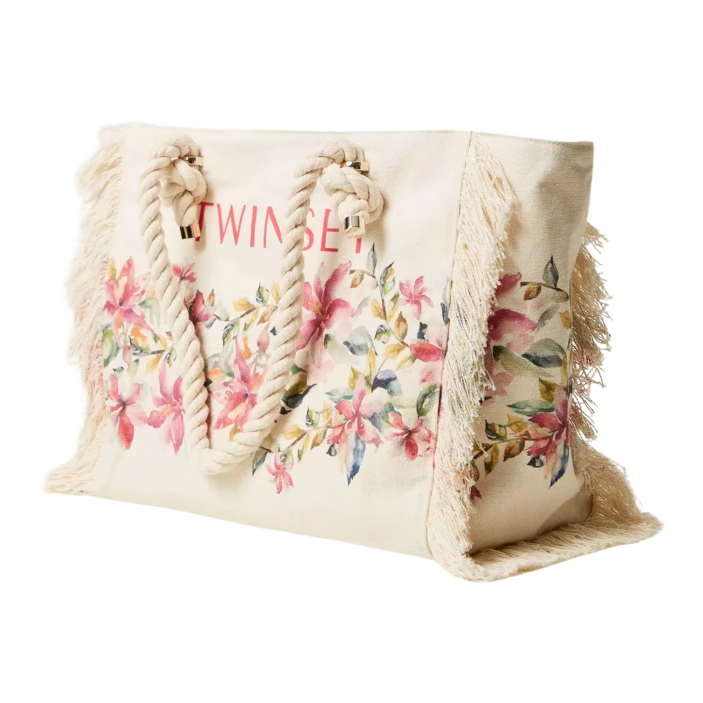 Twinset Canvas Shopper Tas met Rafelranden Beige Dames