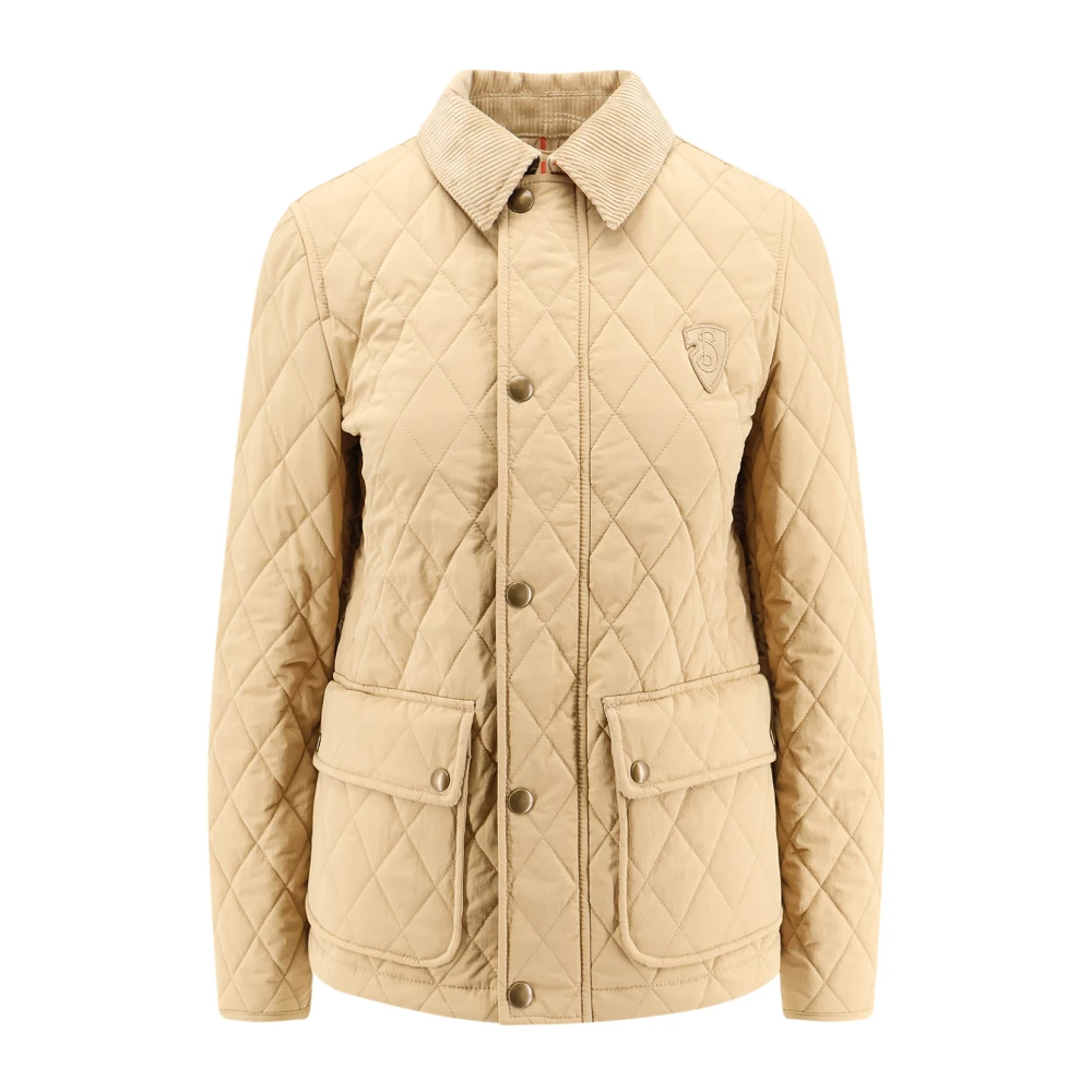 Burberry Gewatteerde Monogram Patch Jack met Corduroy Kraag Beige Dames