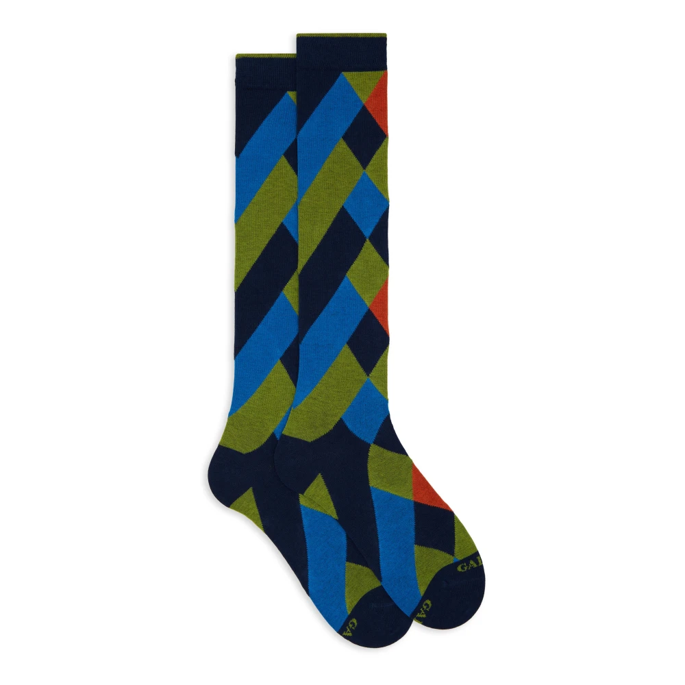 Gallo Lange blauwe katoenen sokken voor heren met gekleurd geometrisch motief Multicolor Heren
