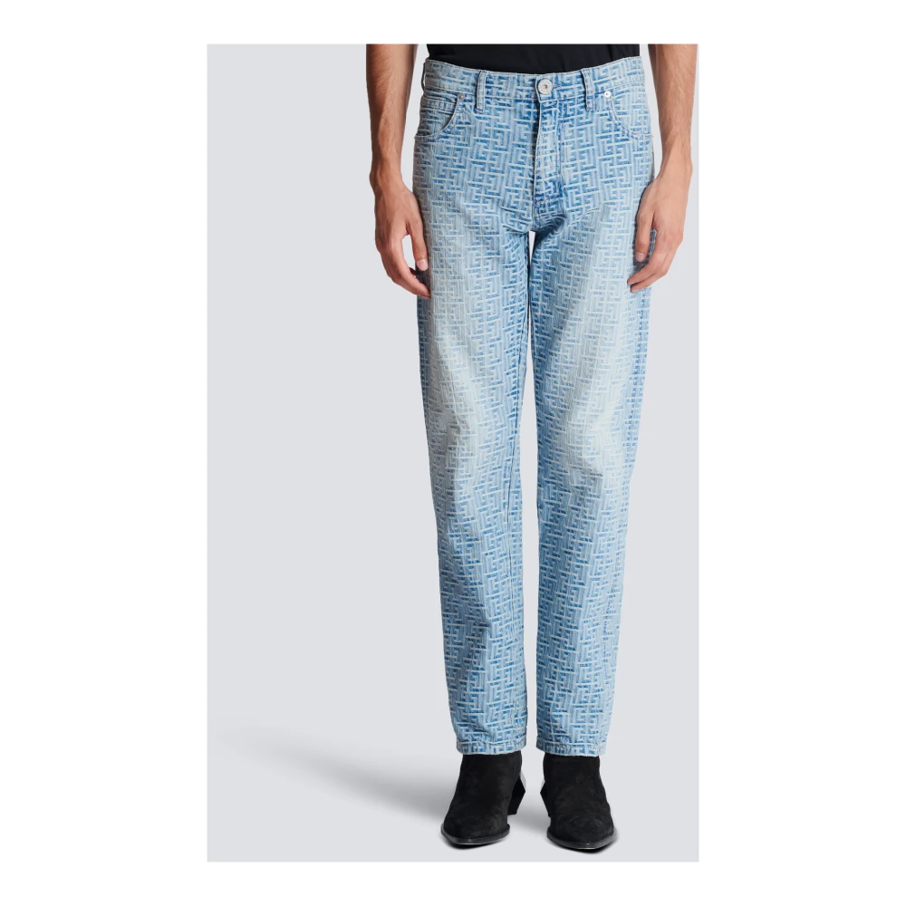 Balmain Monogrammed jacquard denim jeans Blue Heren